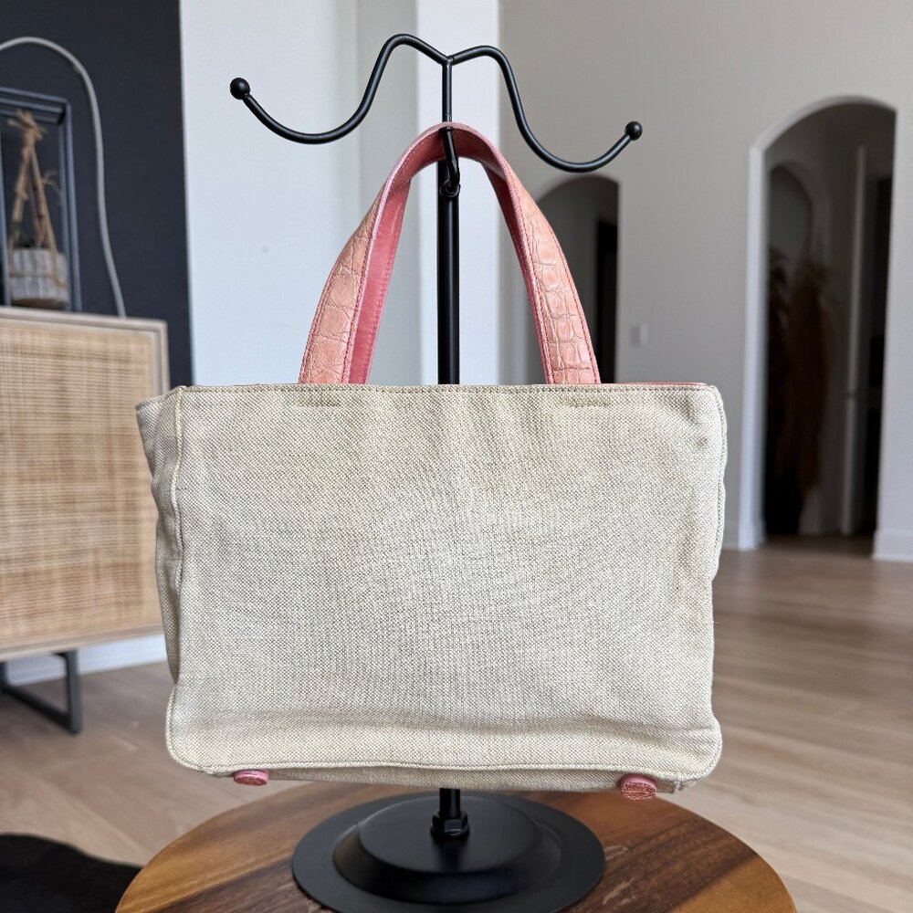 Prada Beige Canvas Handbag with Pink Leather Strap
